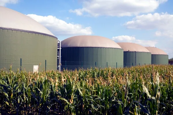vier Silos in einer Biogasanlage